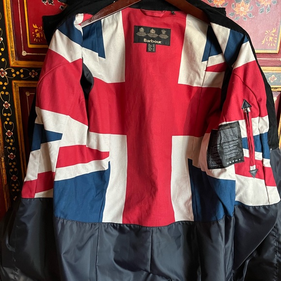 Barbour Vintage Trench black waxed cotton trench with UK Flag lining SZ 6 medium - Picture 1 of 15